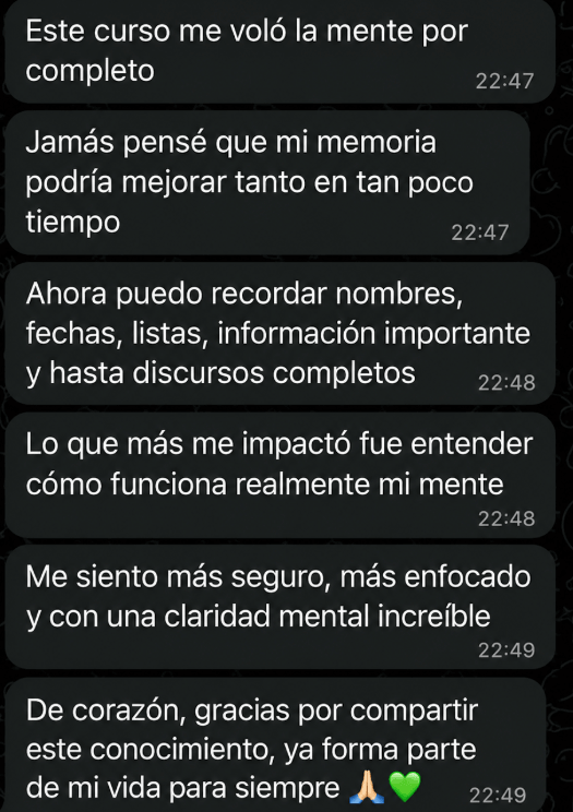 Mensaje real de un alumno de Memoria Exponencial — testimonio 2